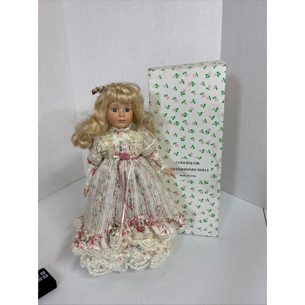 Old-Fashioned Dolls Porcelain Doll 16 inch Blonde Blue Eyes Floral Lace Gown Box